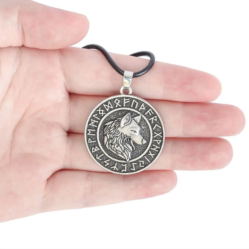 Silver Wolf Pendant with Runes